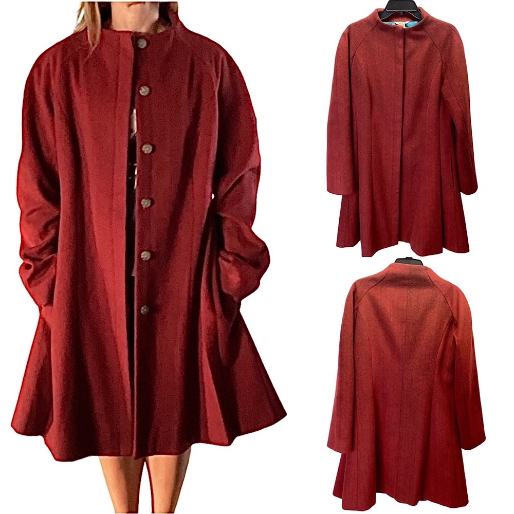 Sundance Red Black Herringbone Wool Blend Overcoat Coat Size 10 Mid Length